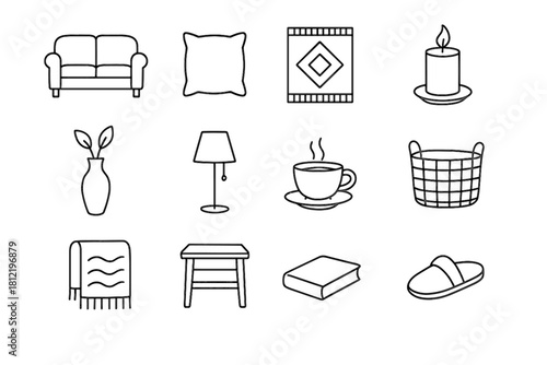 Basket interior table icon cozy pillow rug cup lamp vector side icons