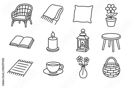 Chair garden icons rug icon tea basket cup cozy rattan vector vase
