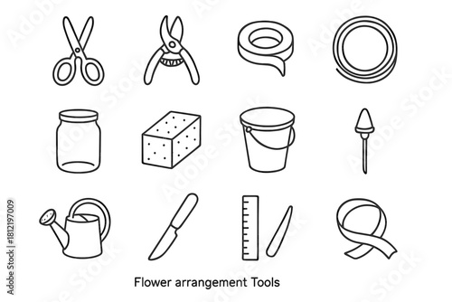 Watering tape wire pruning tools scissors ruler flower arrangement bucket can icon