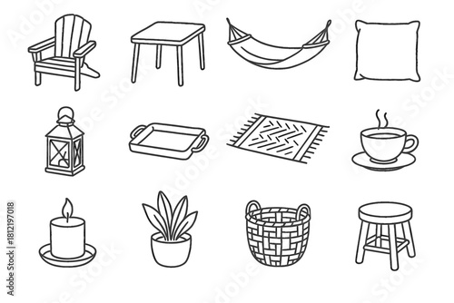 Stool icons basket potted vector chair icon table tea cup wicker backyard