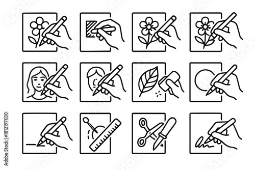 Erasing signing cutting sketching icons vector face icon shading drawing process art