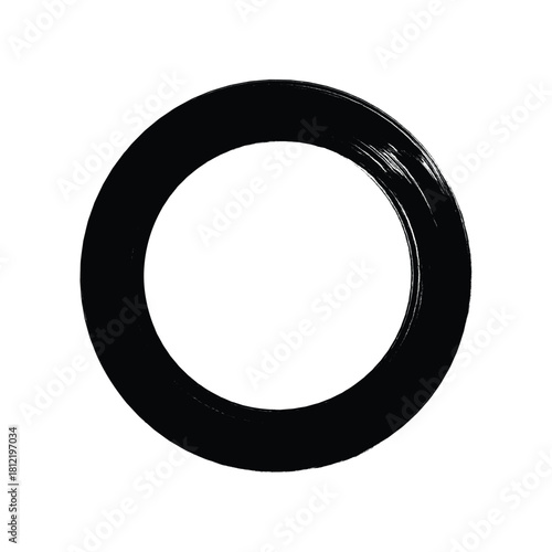 Bold Black Circular Ink Brush Stroke, Zen Enso Symbol or Grunge Ring Frame Isolated on White