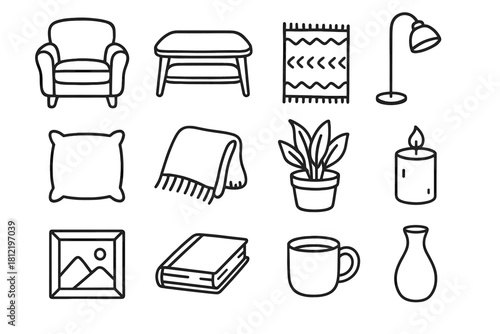 Lamp rug picture candle plant home framed cozy book vector table icon