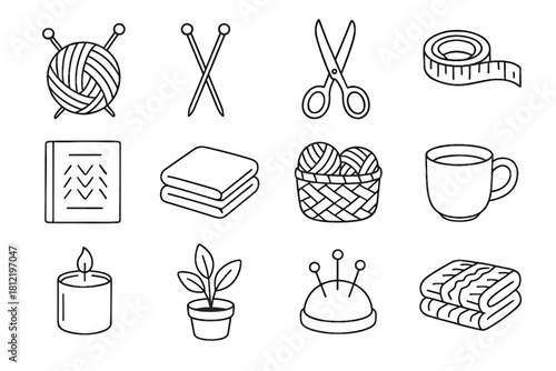 Icon tape pincushion vector basket folded ball scissors set knitting sheet