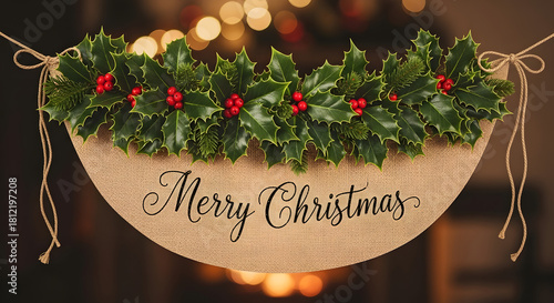 Merry christmas sign with holly leaves and berries decoration hanging