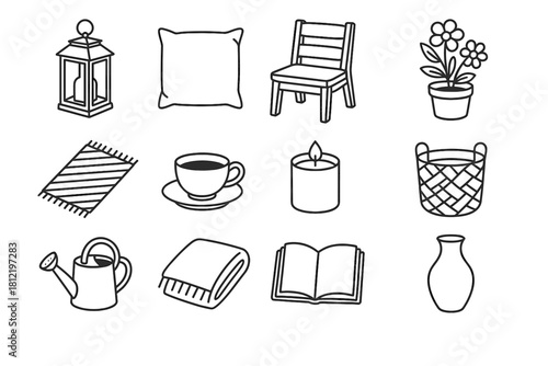 Watering pillow book basket icons patio candle vector rug flower icon pot