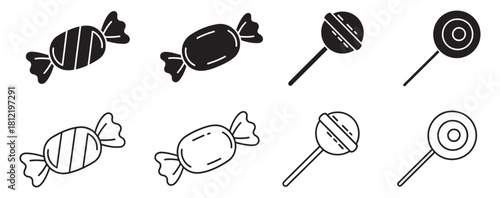 A set of minimalist candy and lollipop icons in line and solid styles