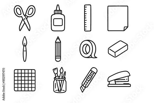 Vector desk paintbrush stapler tape pencil jar brushes craft bottle icons knife