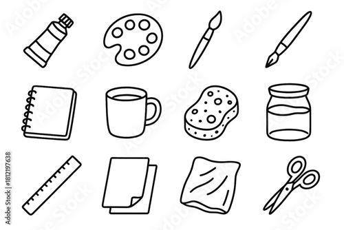 Vector brush paint desk sponge paper essentials cup notebook icon pen painting