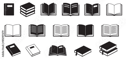 A collection of black and white minimalist book and textbook icons set