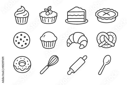Pie croissant vector tart icon donut rolling pin pretzel display dessert cookie
