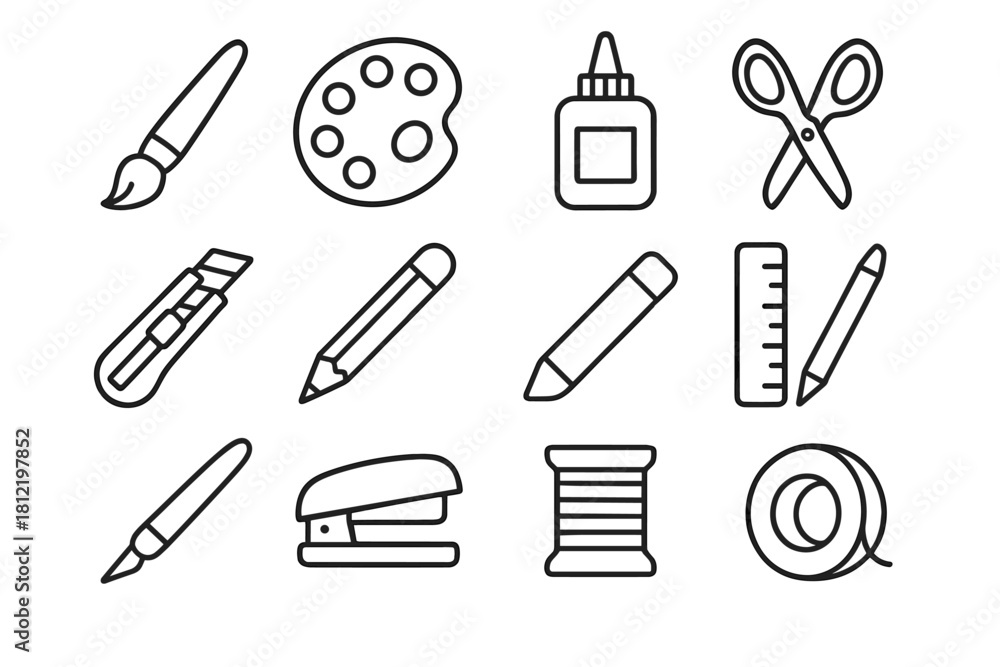 Obraz premium Scissor thread knife vector pencil brush hobby icon eraser tape desk palette
