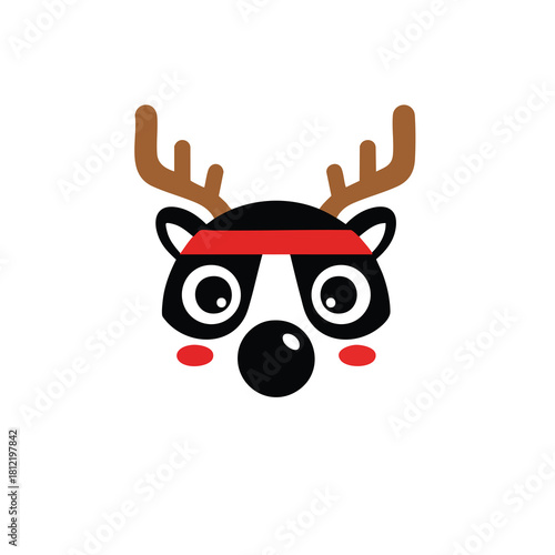 Cute raccoon mascot face wearing reindeer antlers.