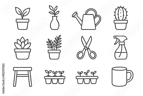 Icon set stand can scissors watering vector tray bottle icons mug garden