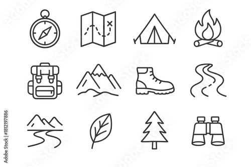 Leaf path icon outdoor tent tree compass river binoculars adventure vector mountain