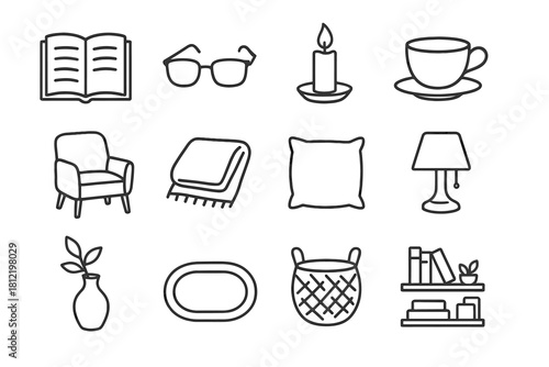 Chair cup essentials icons icon blanket basket shelf book glasses reading candle