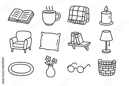 Vase chair spot icon vector cozy book basket lamp shelf candle rug