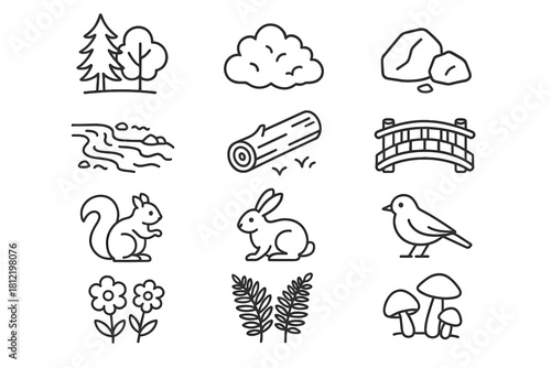 Rabbit stream trail icon vector trees woodland icons mushrooms flowers log fallen