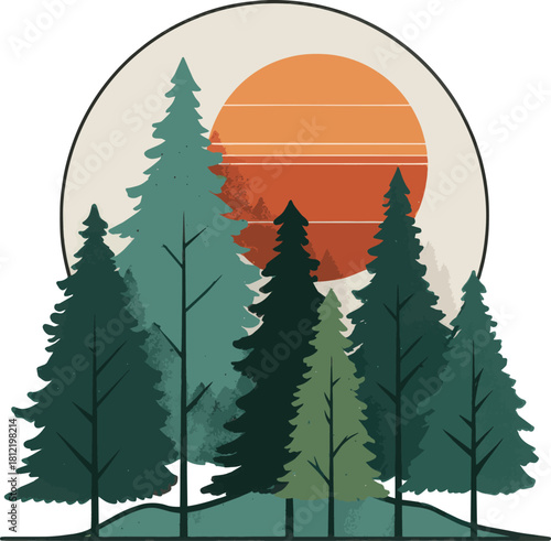 Illustration of a forest with pine trees and a sunset isolated on