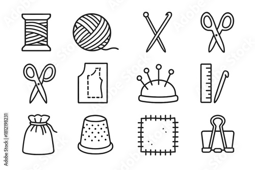 Fabric tools thimble clip vector ruler scissors icons needlework pin hook icon