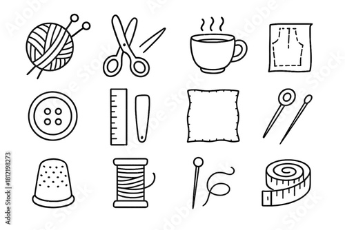 Scissors pattern fabric vector paper pin icon thimble essentials measuring workstation wool