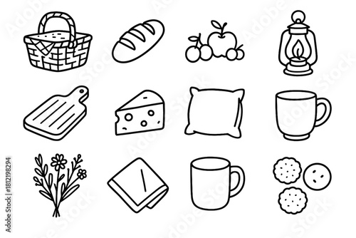 Basket vector cheese cutting wine pillow picnic board wicker icons icon cozy