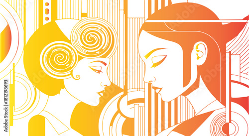 Two women face each other in a stylized art deco illustration with warm colors on transparent background