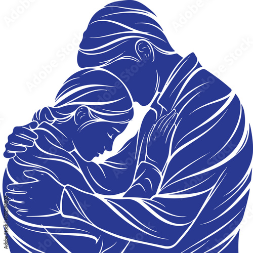 Abstract figure in deep contemplation against a stark design on transparent background