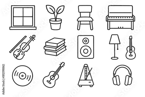 Lamp icons record musical piano icon plant vector metronome guitar room violin