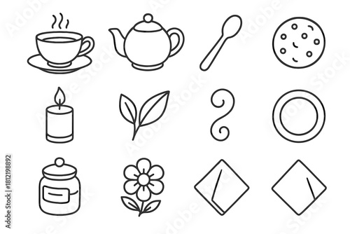 Icon steam cozy teapot tea icons vector spoon teacup plate sugar cookie