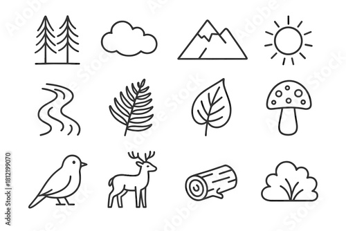 Tall trees mountain leaf vector bird deer sun set forest icon mushroom