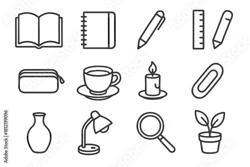 Study magnifying ruler vector icon essentials vase plant icons paper tea book
