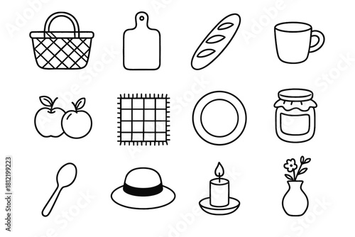 Baguette picnic blanket plate icon cozy vector icons candle cup straw basket