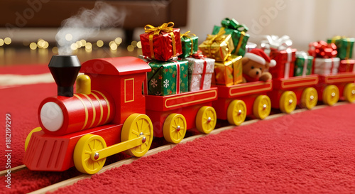 Festive red toy train carrying christmas gifts on a red carpet surface