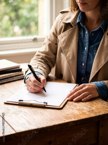 Close Up Of Woman In Trench Coat Writing On Blank Clipboard Paper At Wooden Desk During Job Application