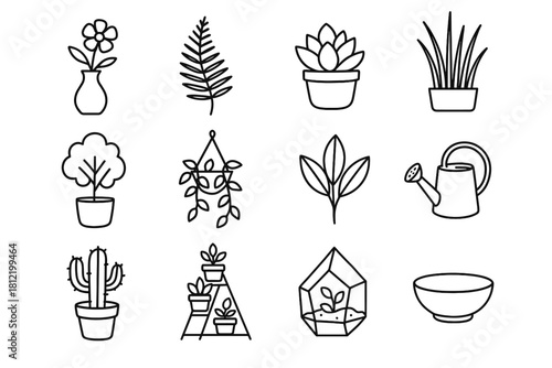 Icon terrarium vase can stand set botanical tall watering ceramic bowl vector