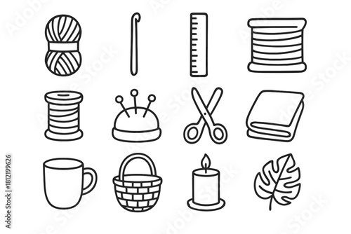 Fiber crochet plant pin tools icon fabric basket spool cup art vector