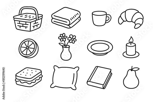 Wicker icons pillow sandwich cozy cup basket flowers folded icon vase vector