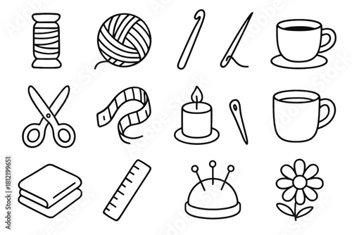 Measuring thread icon folded crafting cloth flower vector ball set yarn cup