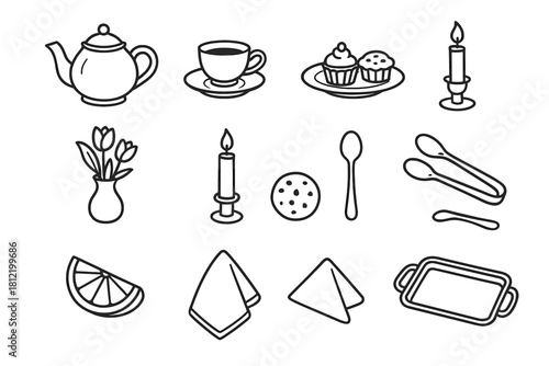 Candle napkin icons icon vector teapot slice tea plate afternoon cup tray