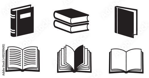 Black and White Book Icons Set Education, Reading and Literature