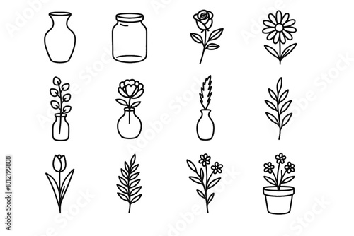 Rose icons decorative fern vector eucalyptus icon bloom vase grass pot tulip