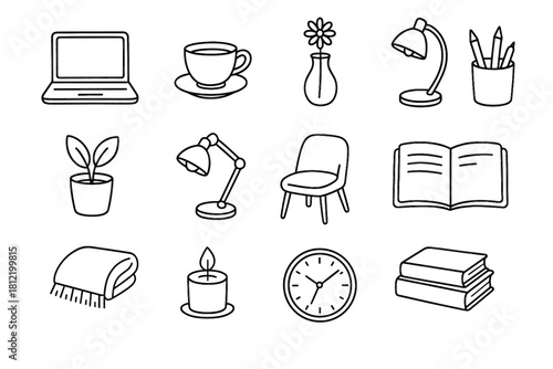 Case lamp icon relaxed clock books workspace vase vector flower notebook teacup