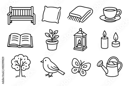 Serene wooden teacup plant garden pillow pot can tree icons vector bench