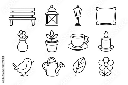 Vase icon set vector backyard bird plant pot post can bench pillow