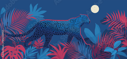 Leopard walking in the jungle at night with moon isolated on background