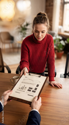 Young Female Candidate Handing Resume Clipboard To Interviewer During Job Application Meeting In Office