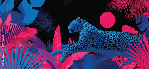 Leopard lying on a branch in the jungle at night isolated on background