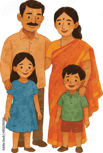 Vector watercolor cartoon illustration of an indian family