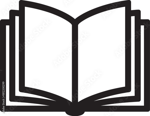 A minimalist black and white vector icon of an open book for learning